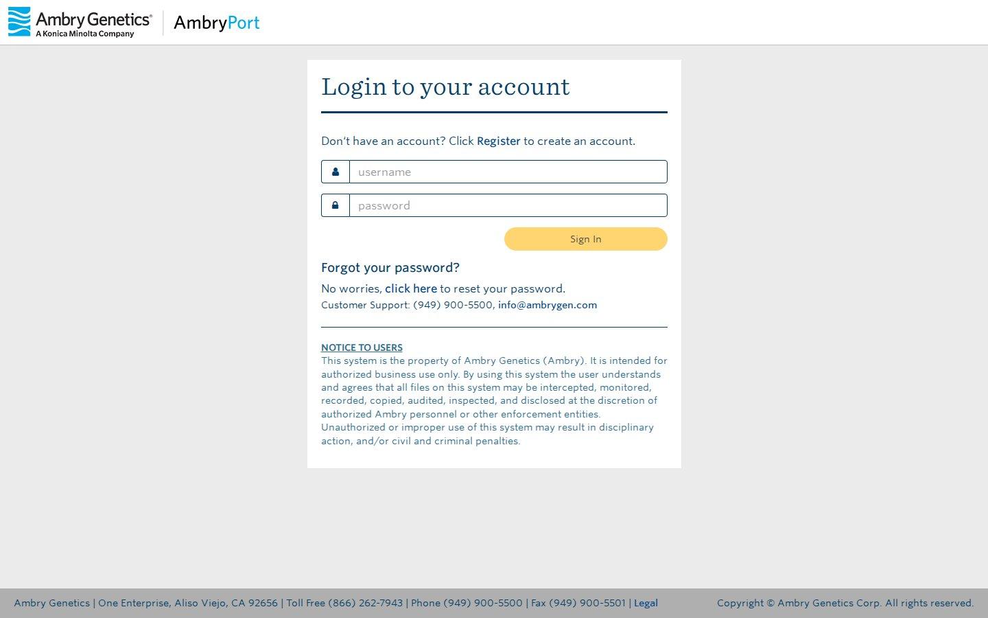 Ambry Genetics website screenshot: AmbryPort — Login (2021)