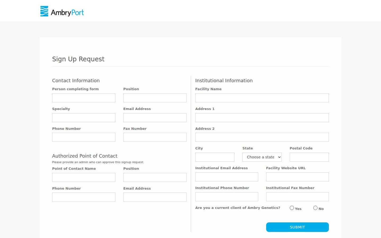 Ambry Genetics website screenshot: AmbryPort — Signup (2019)