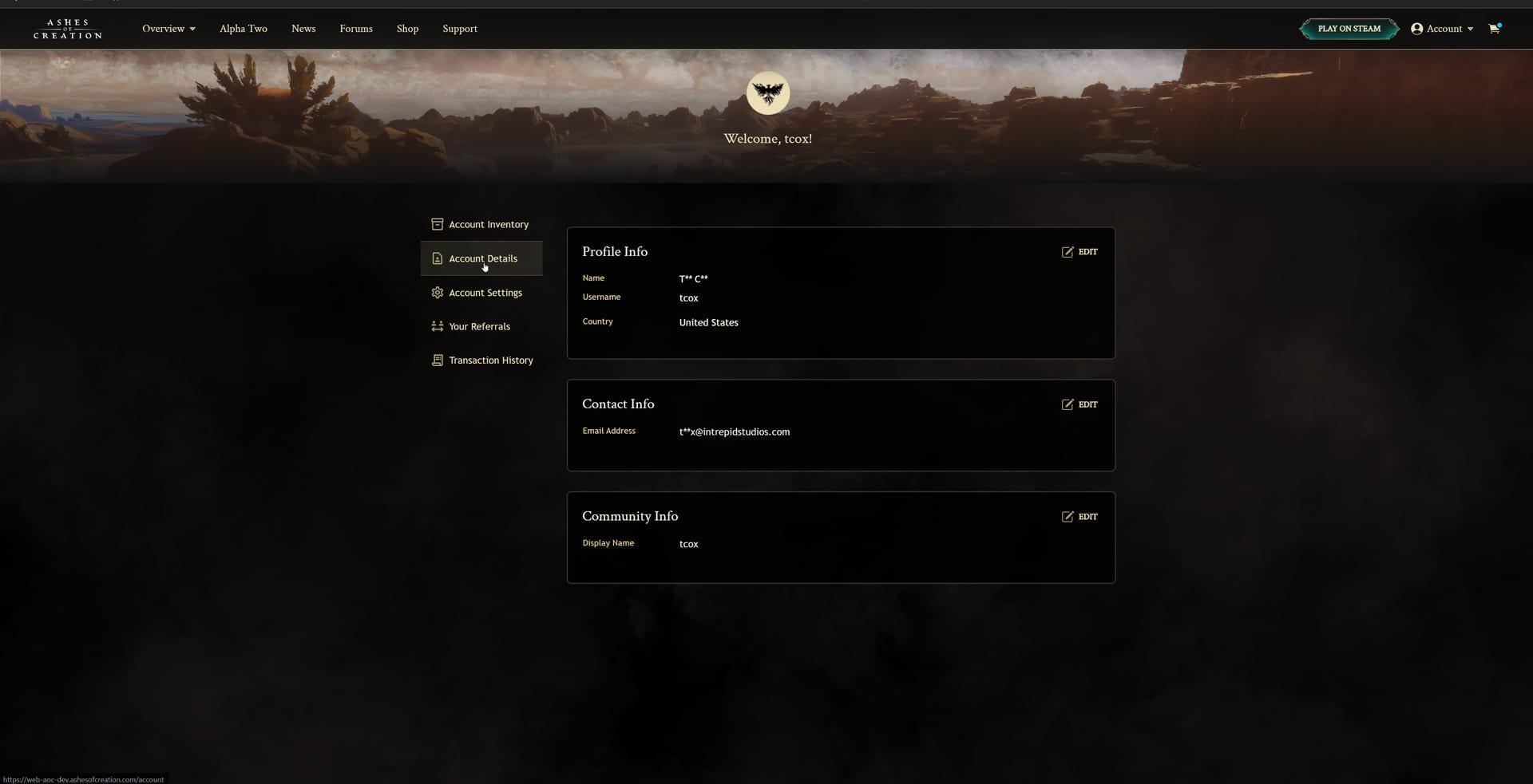 Intrepid Studios website screenshot: Ashes of Creation — Account Details