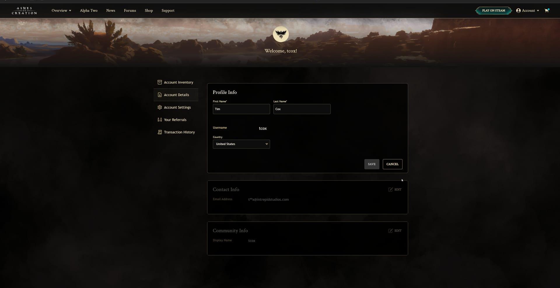 Intrepid Studios website screenshot: Ashes of Creation — Account