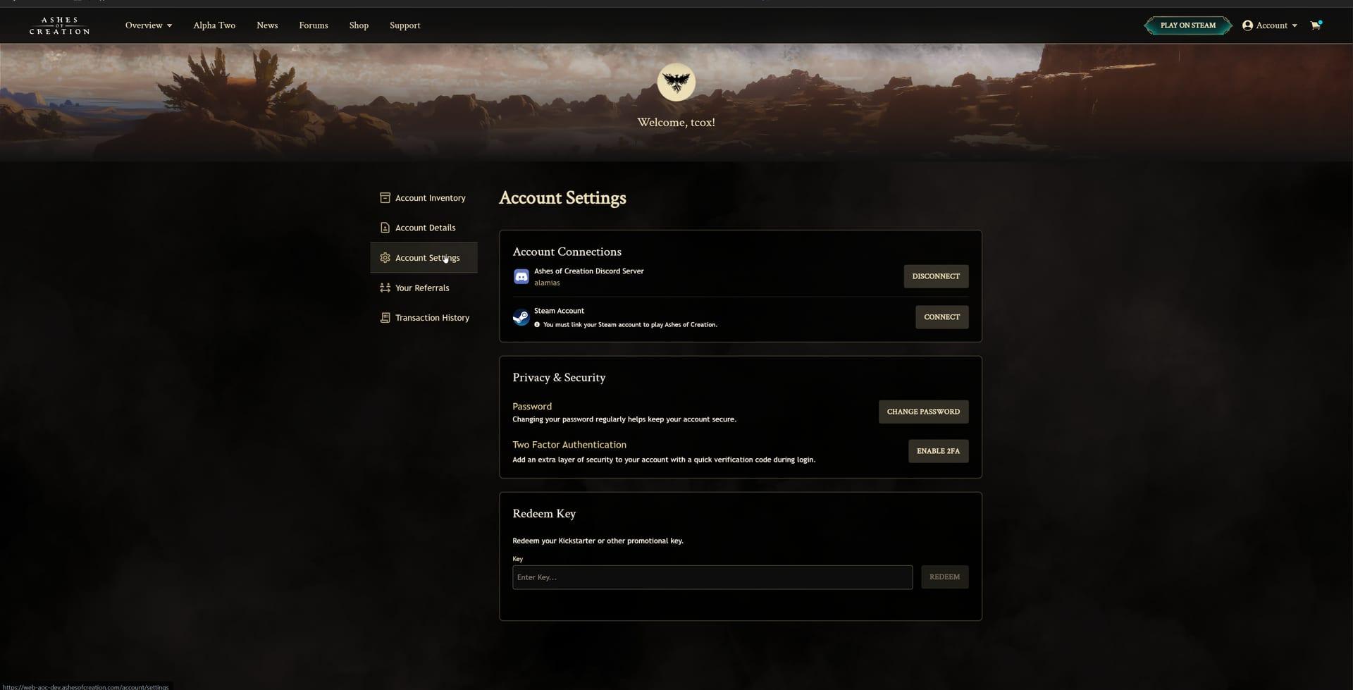 Intrepid Studios website screenshot: Ashes of Creation — Account Settings