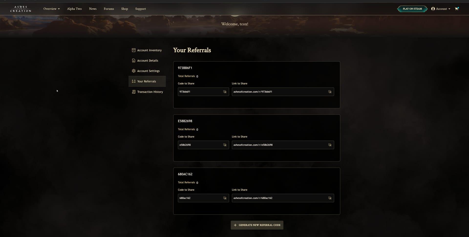 Intrepid Studios website screenshot: Ashes of Creation — Referrals