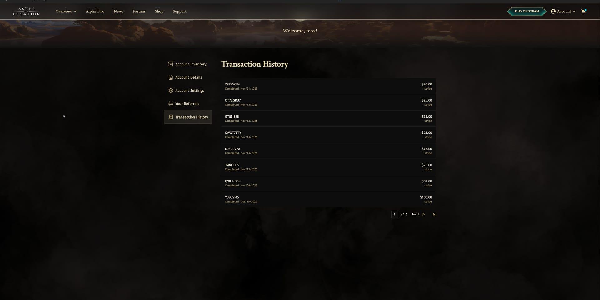 Intrepid Studios website screenshot: Ashes of Creation — Transaction History