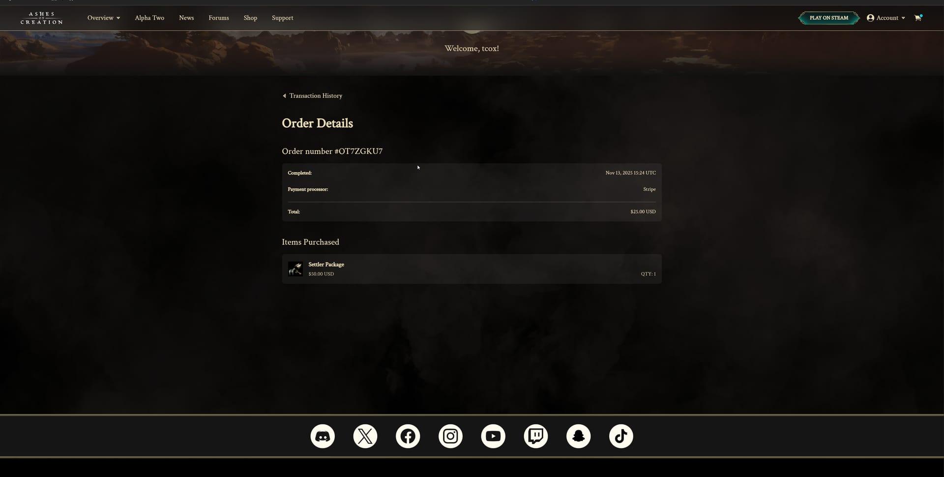 Intrepid Studios screenshot — Ashes of Creation — Account History