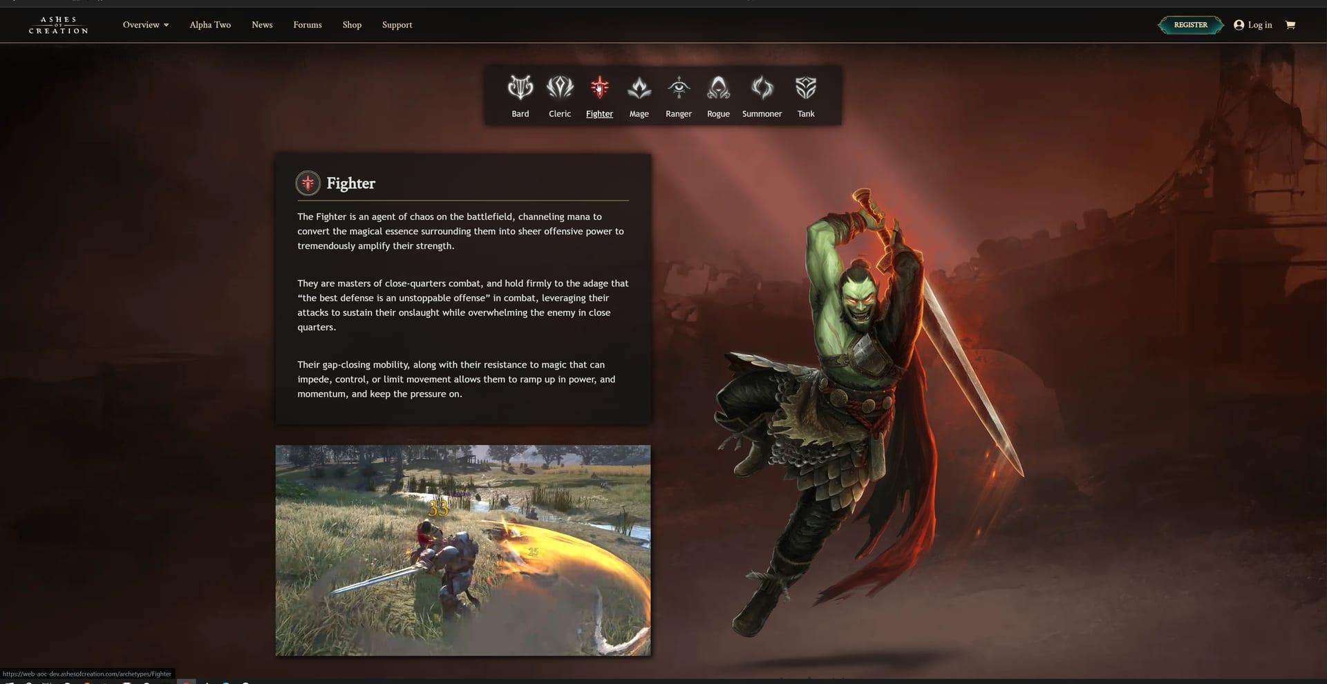 Intrepid Studios website screenshot: Ashes of Creation — Archetype Detail