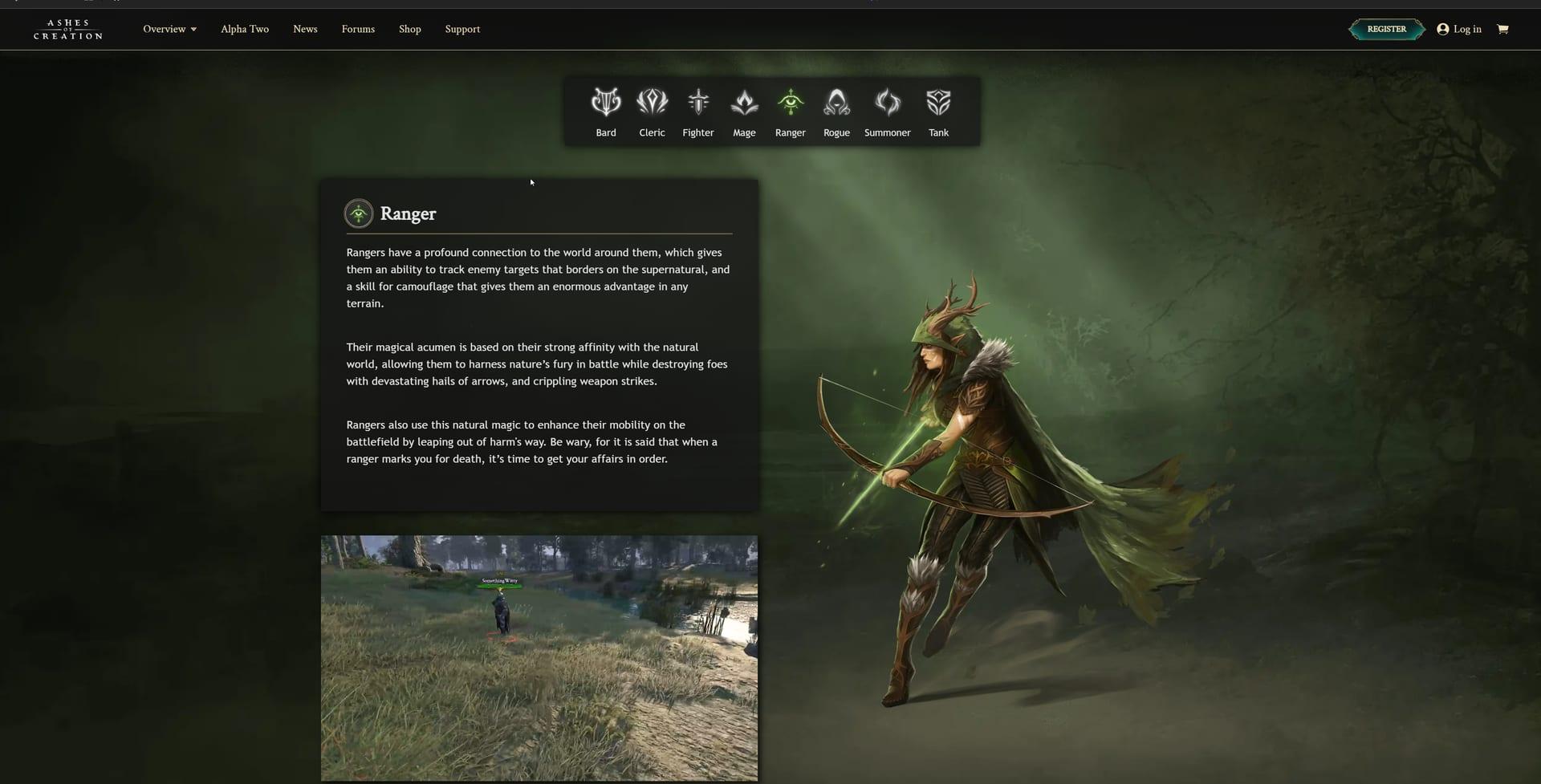 Intrepid Studios website screenshot: Ashes of Creation — Class Fantasy
