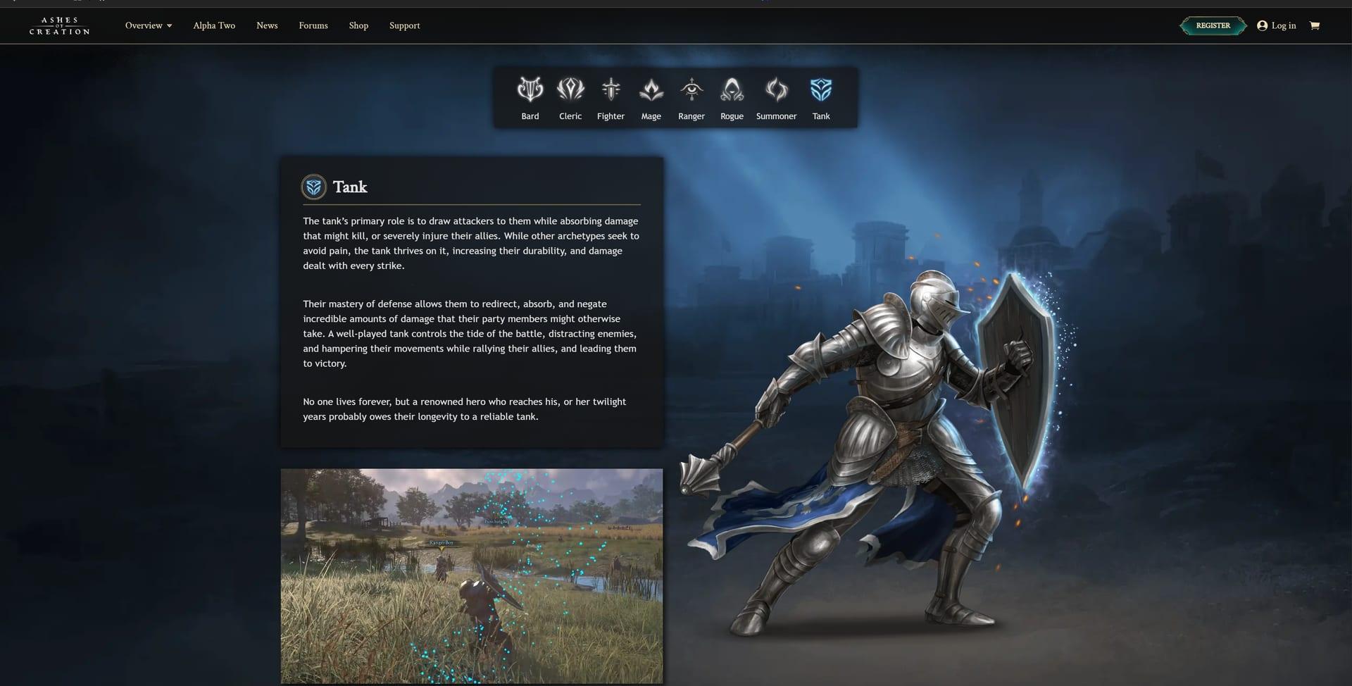 Intrepid Studios website screenshot: Ashes of Creation — Archetypes CTA