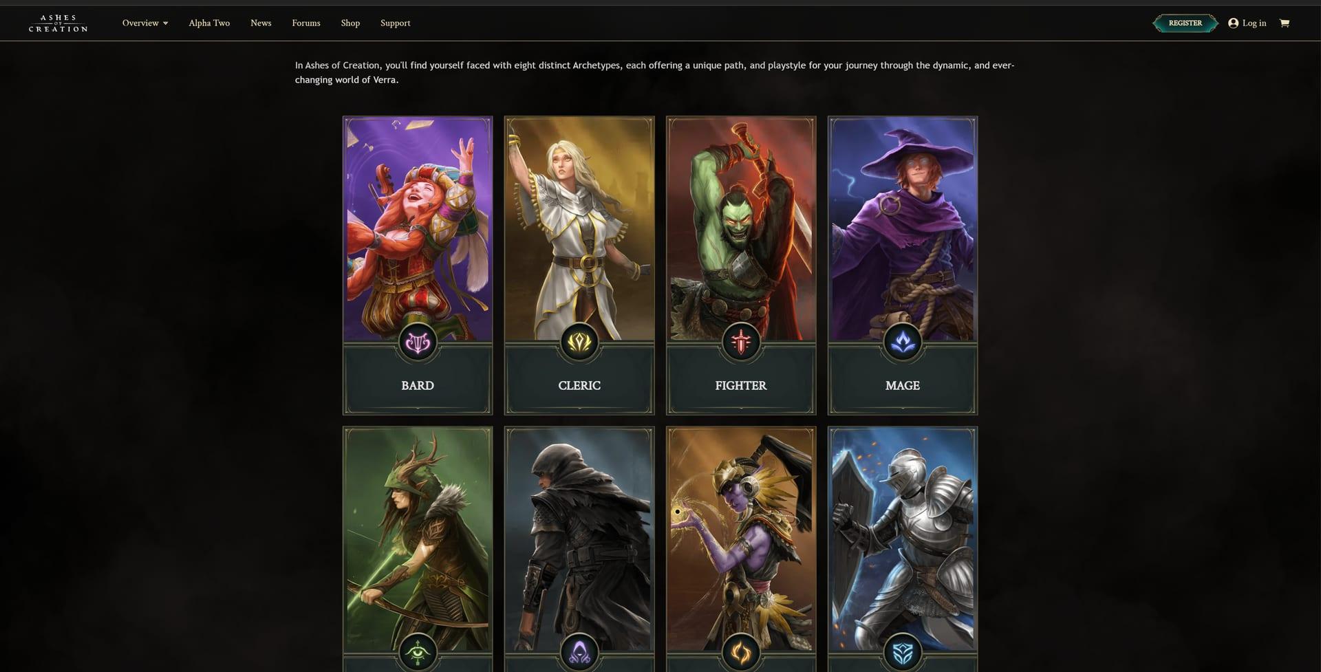 Intrepid Studios website screenshot: Ashes of Creation — Archetypes of Verra