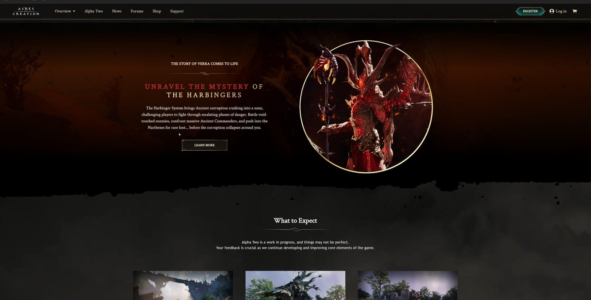 Intrepid Studios website screenshot: Ashes of Creation — Alpha Two Details