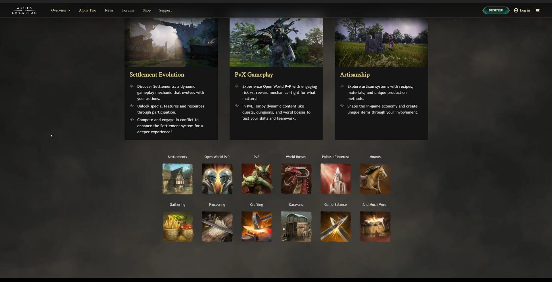 Intrepid Studios website screenshot: Ashes of Creation — Alpha Two Features