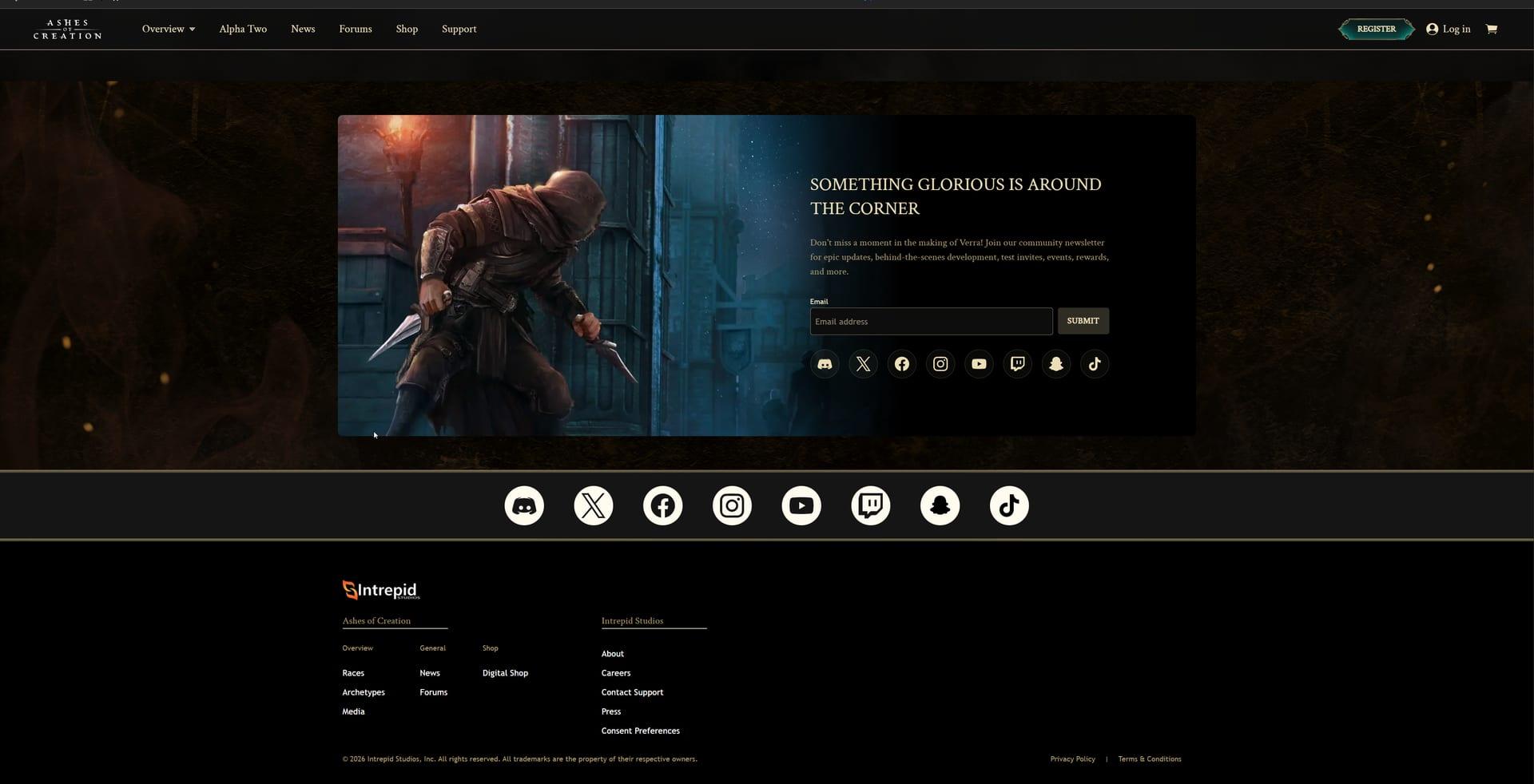 Intrepid Studios website screenshot: Ashes of Creation — Home Features