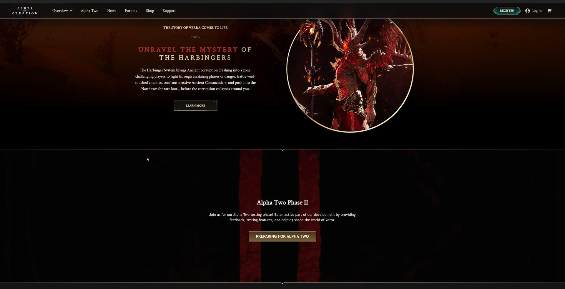 Intrepid Studios website screenshot: Ashes of Creation — Home Story