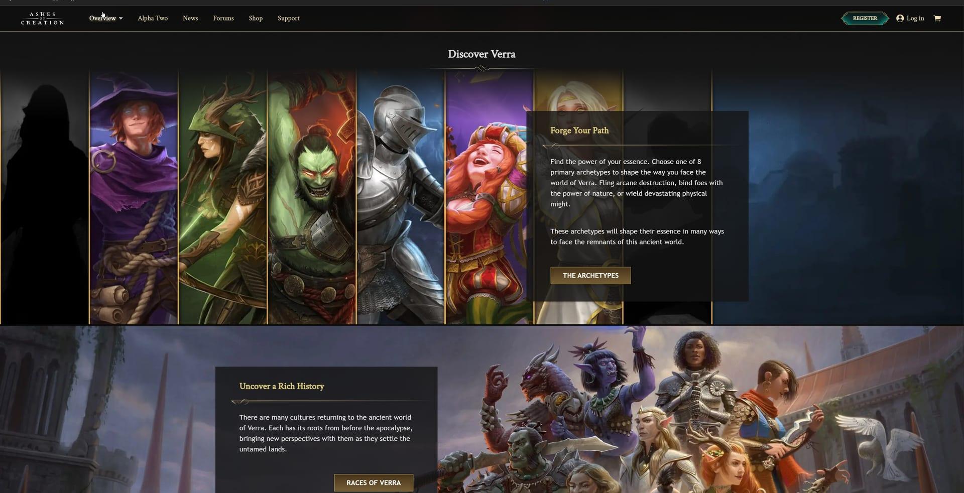 Intrepid Studios website screenshot: Ashes of Creation — Discover Verra