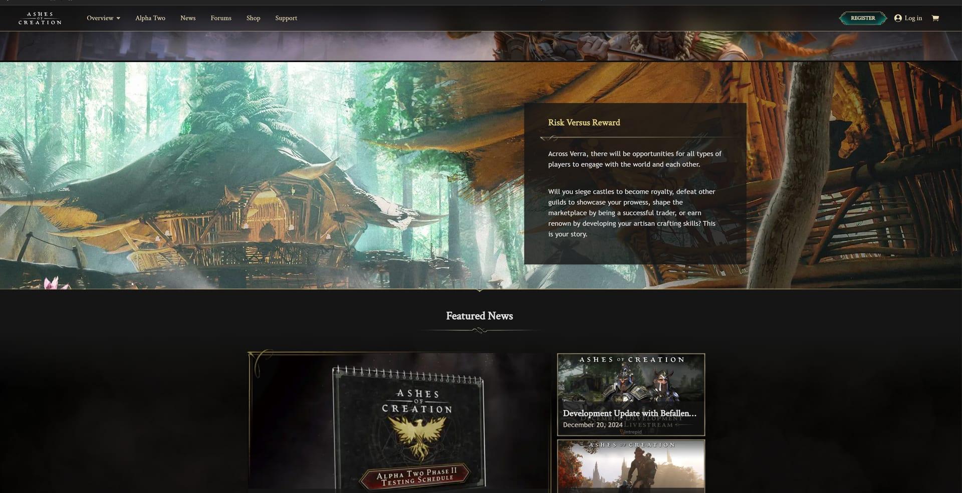 Intrepid Studios website screenshot: Ashes of Creation — Home (scroll)