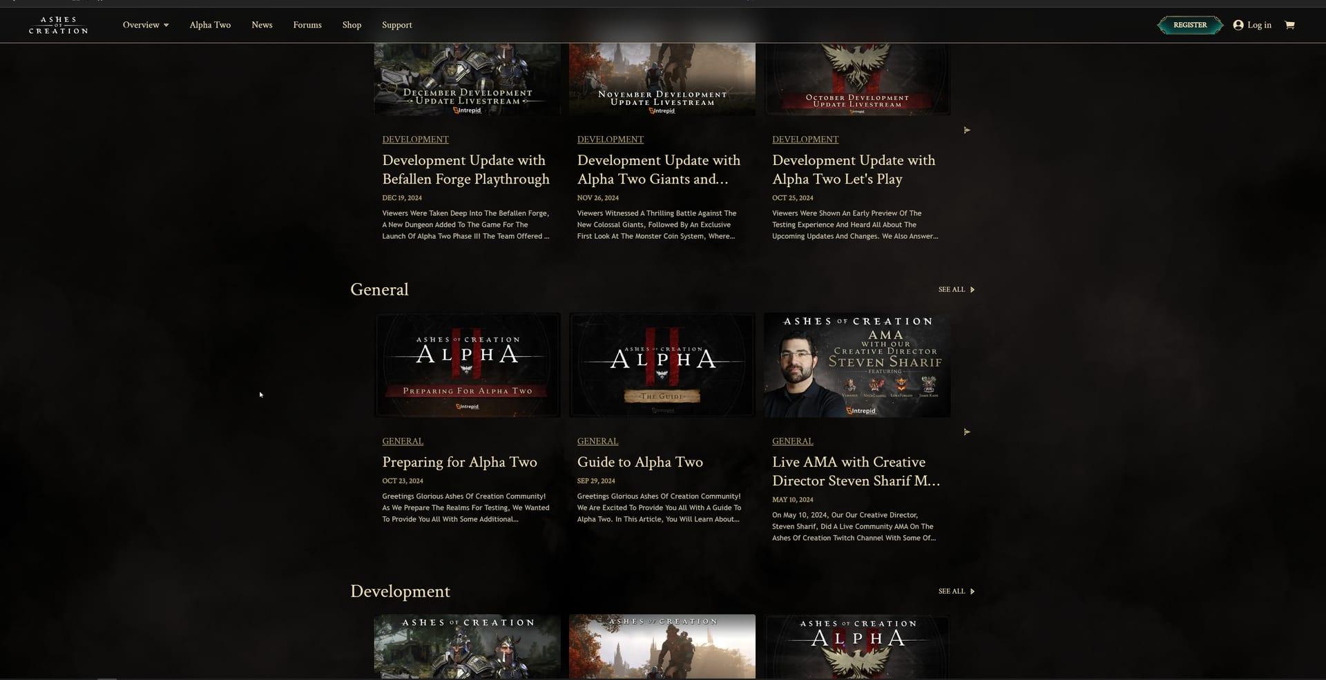Intrepid Studios website screenshot: Ashes of Creation — News