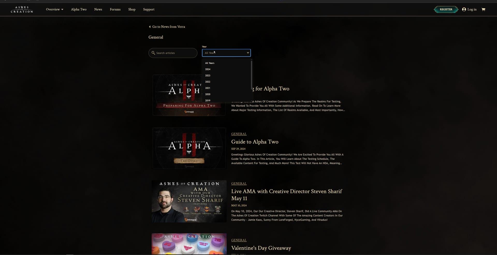 Intrepid Studios website screenshot: Ashes of Creation — Development Update