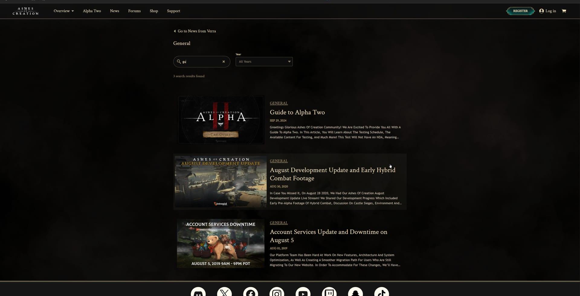 Intrepid Studios website screenshot: Ashes of Creation — News Categories