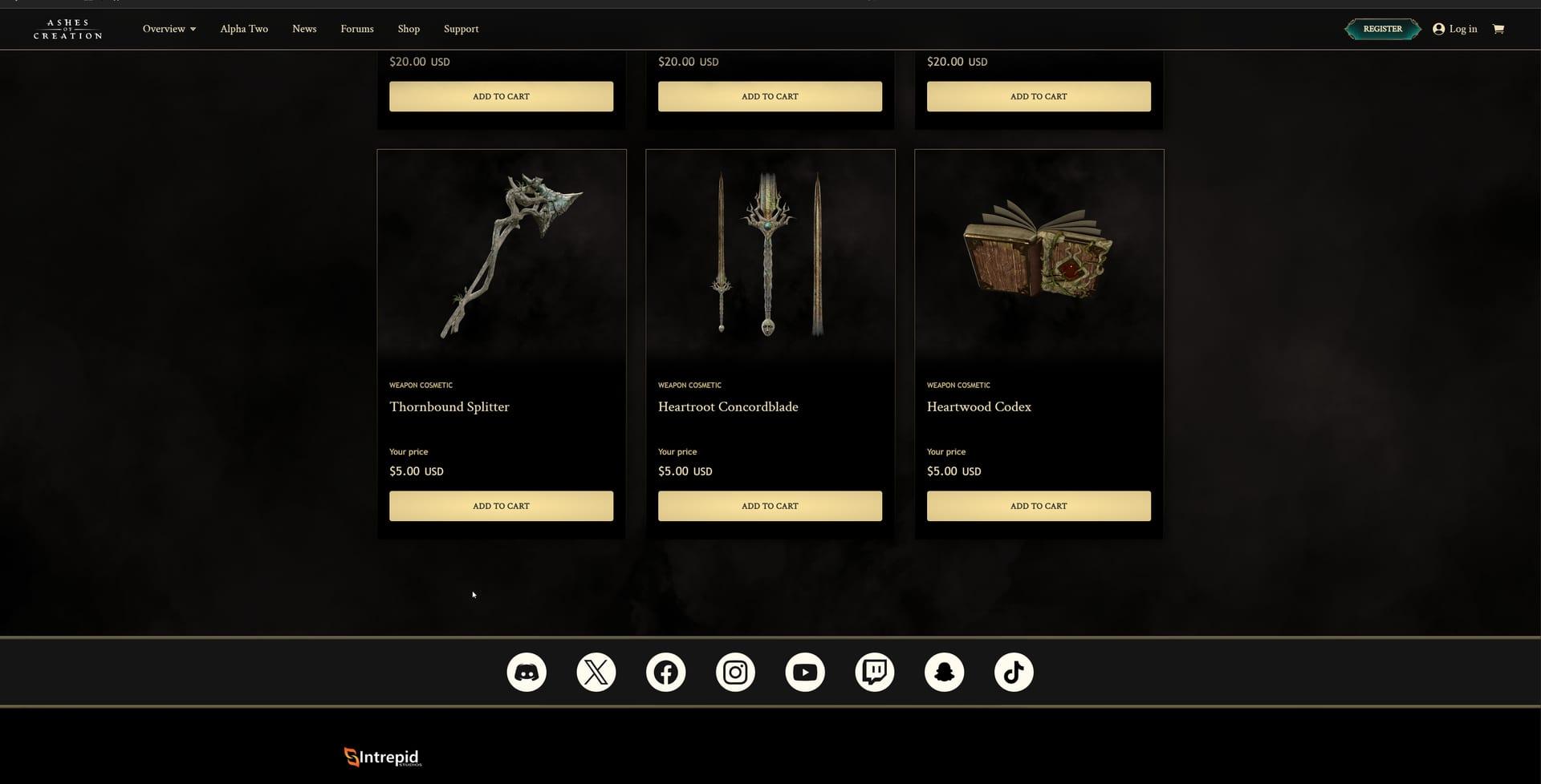 Intrepid Studios website screenshot: Ashes of Creation — Shop Collections