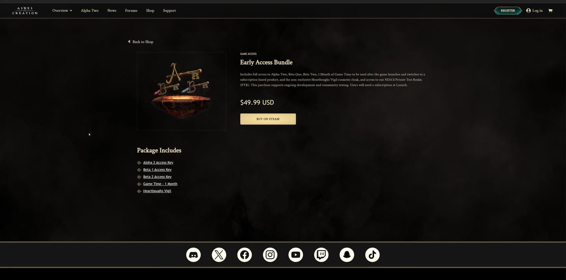 Intrepid Studios website screenshot: Ashes of Creation — Product Detail