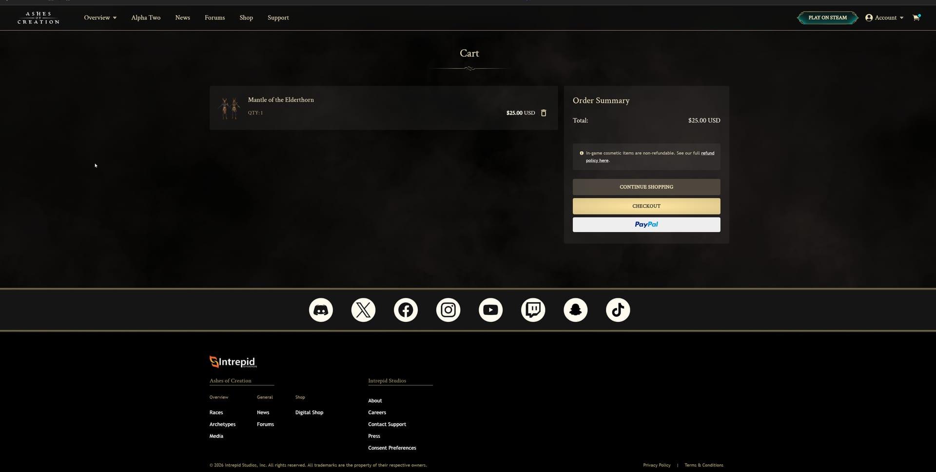 Intrepid Studios website screenshot: Ashes of Creation — Shop Catalog