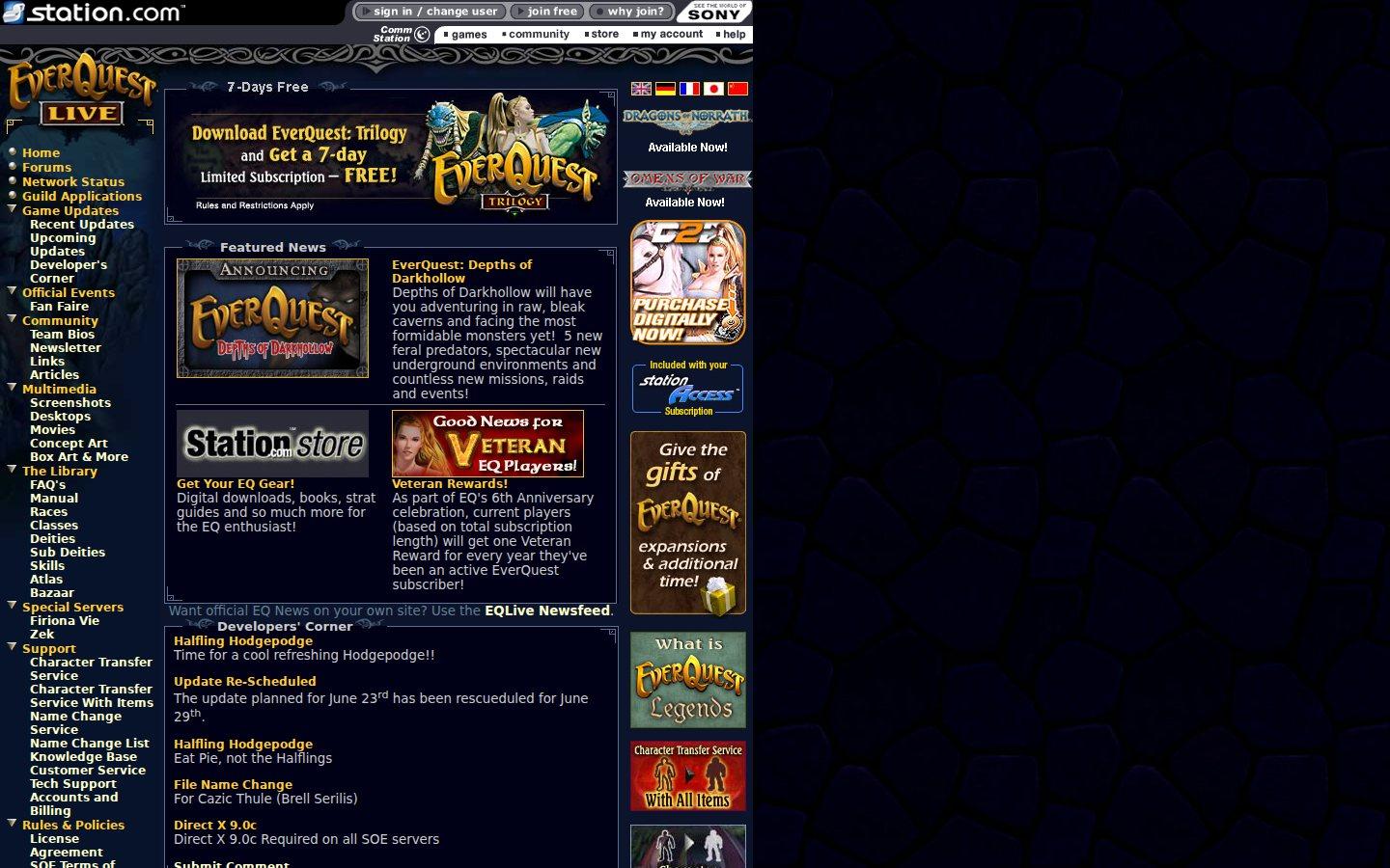 Sony Online Entertainment website screenshot: EverQuest — Home