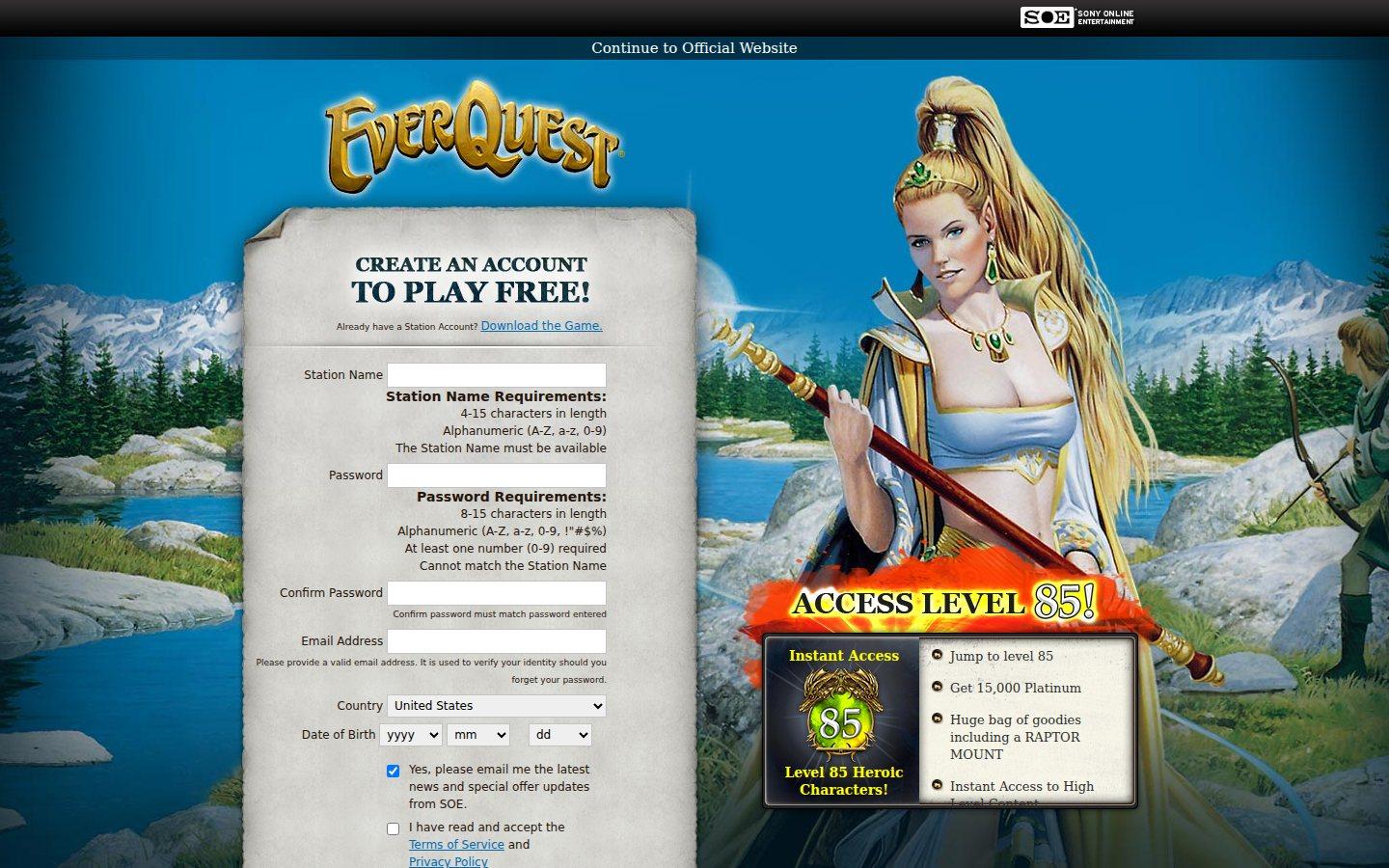 Sony Online Entertainment website screenshot: EverQuest — Home