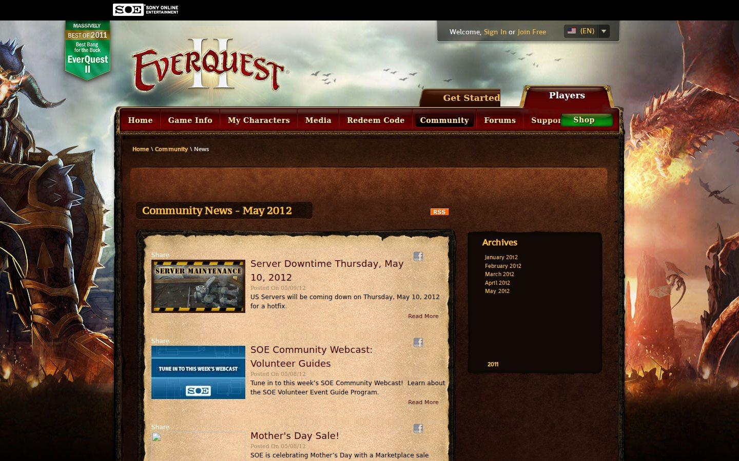 Sony Online Entertainment website screenshot: EverQuest II — News