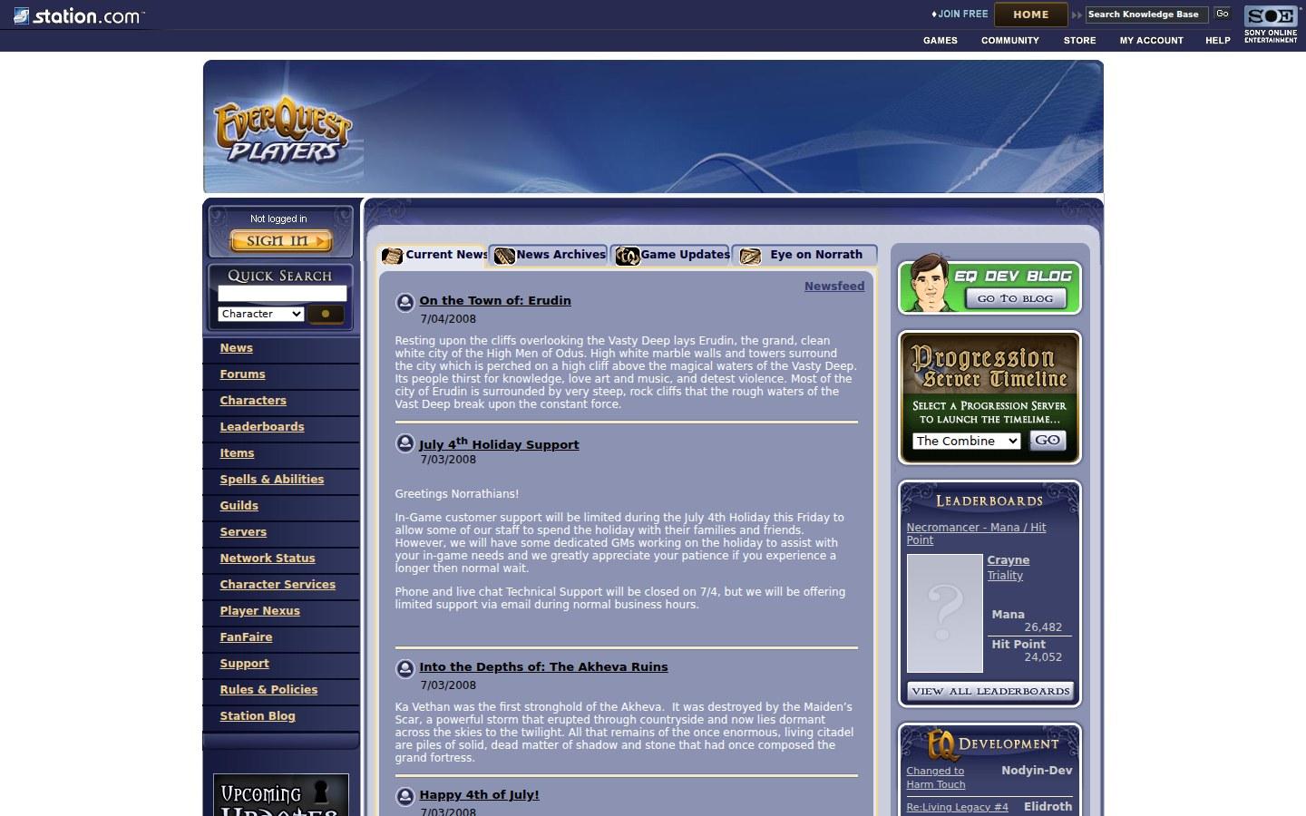 Sony Online Entertainment website screenshot: EQ Players — Home