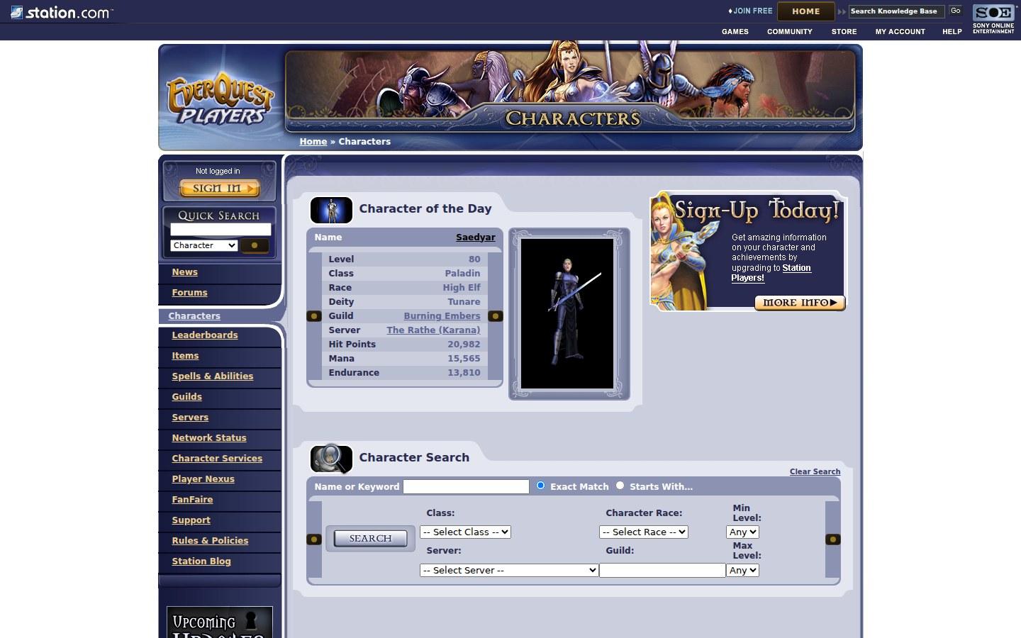 Sony Online Entertainment website screenshot: EQ Players — Characters