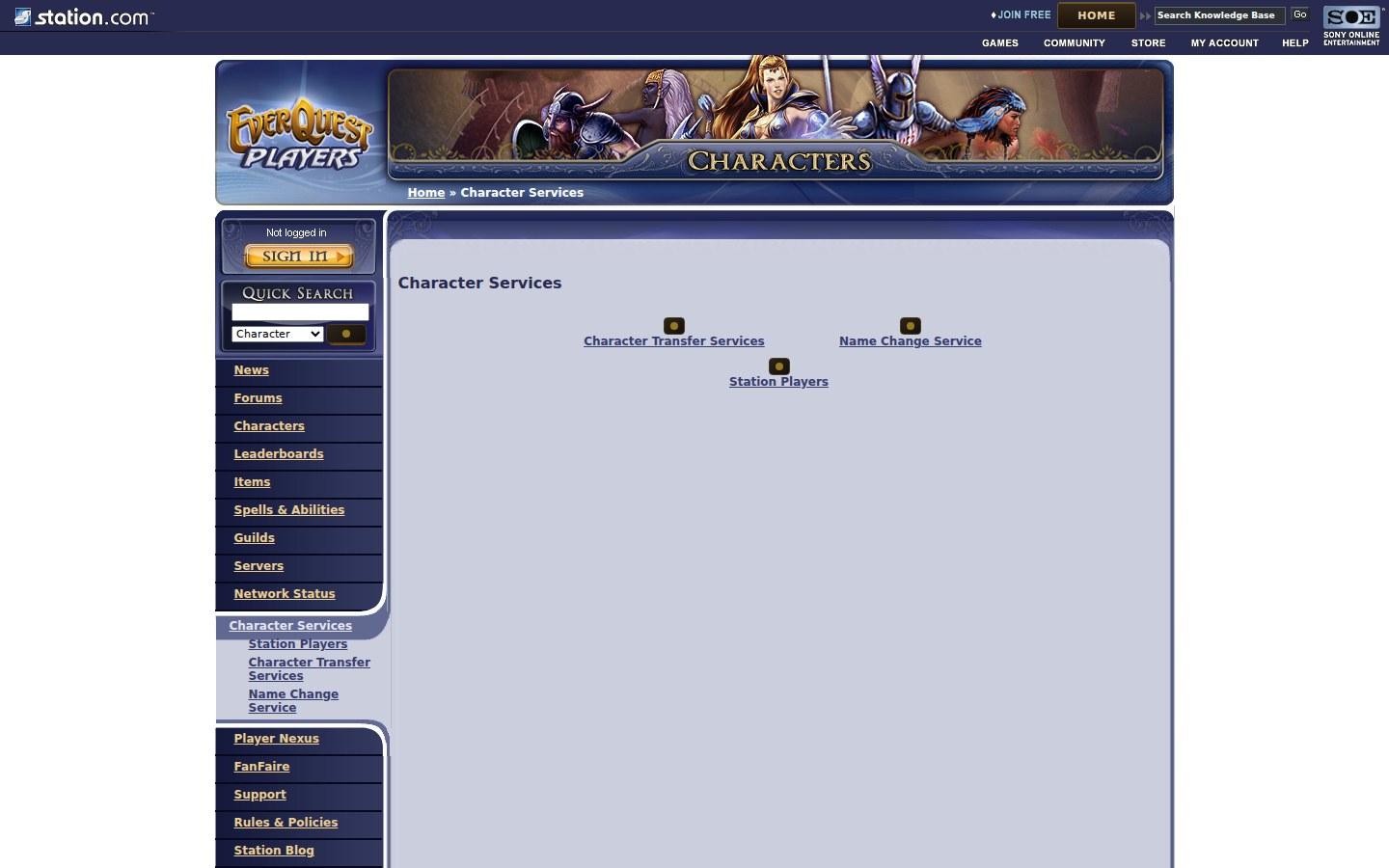 Sony Online Entertainment website screenshot: EQ Players — Services