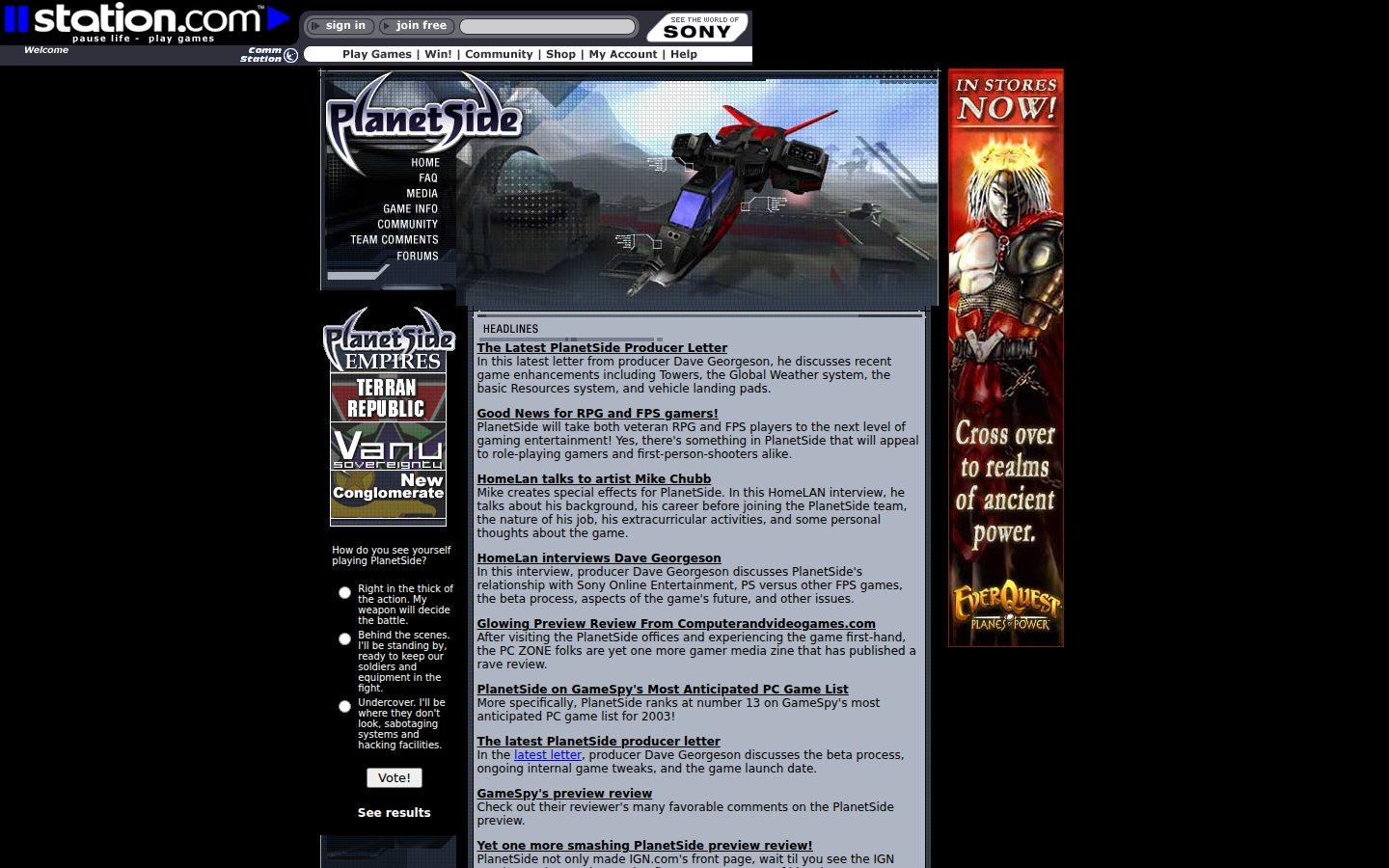 Sony Online Entertainment website screenshot: PlanetSide — Home