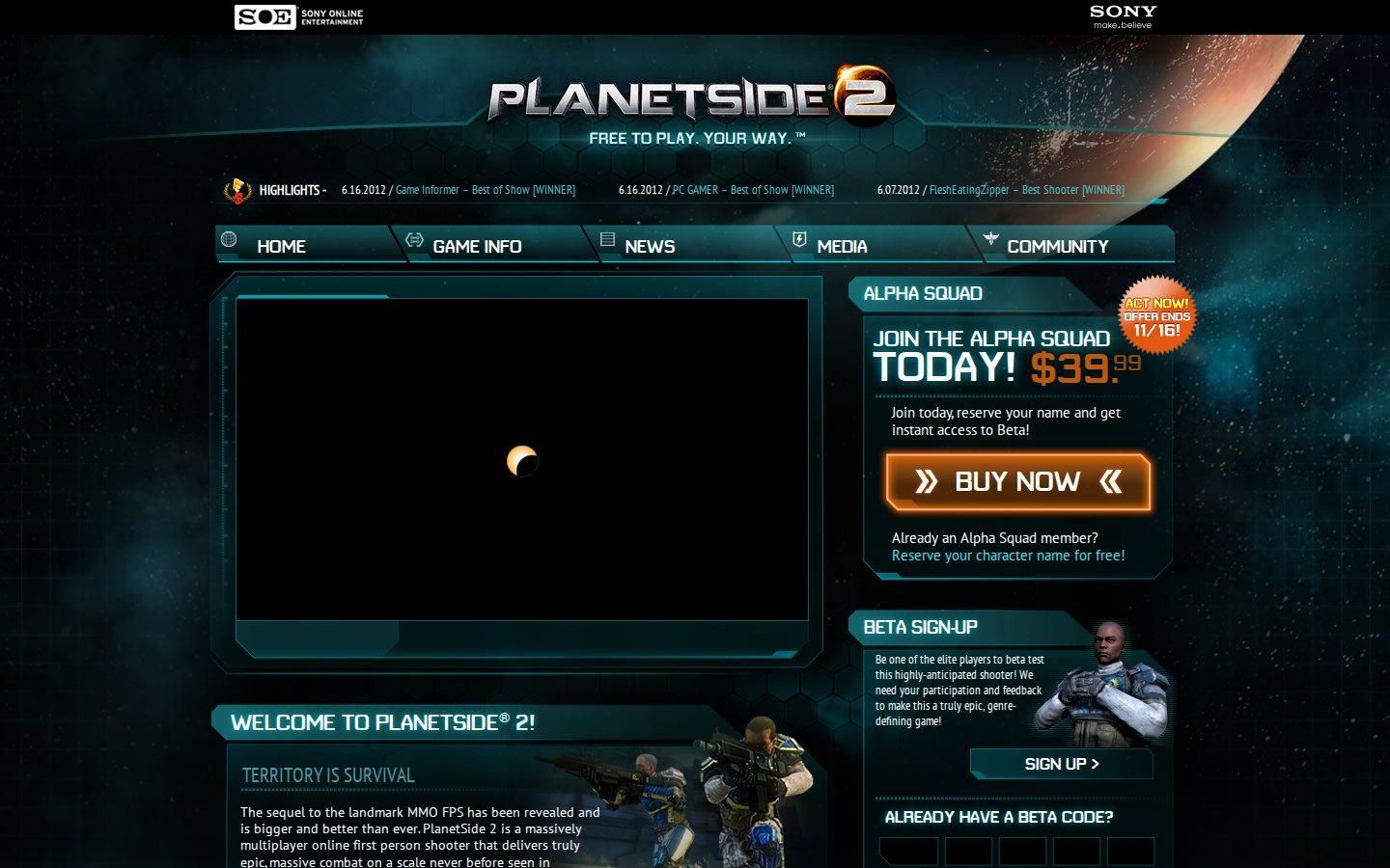 Sony Online Entertainment website screenshot: PlanetSide 2 — Home