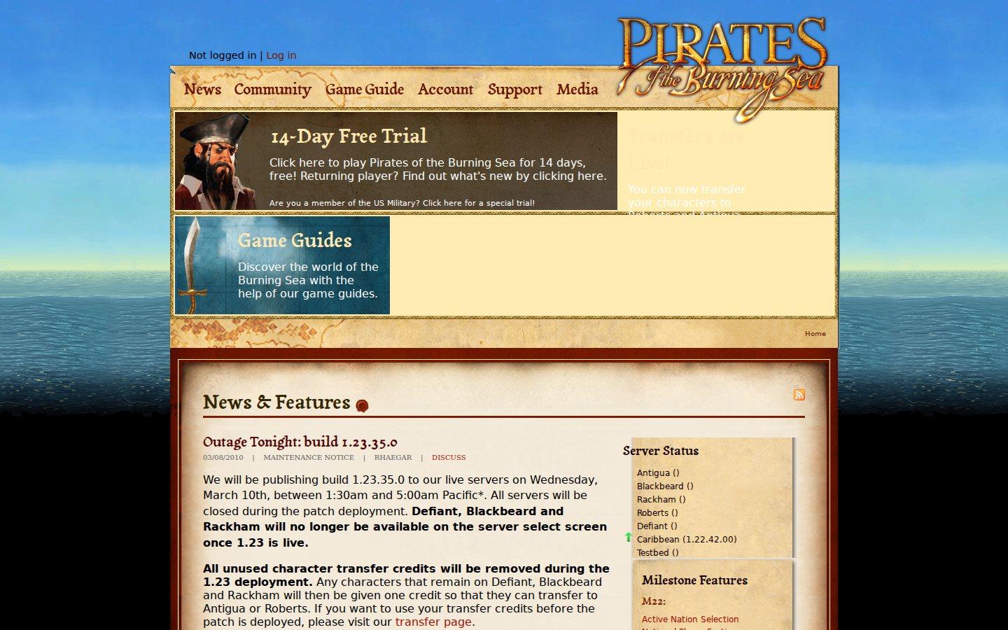 Sony Online Entertainment website screenshot: Pirates of the Burning Sea — Home