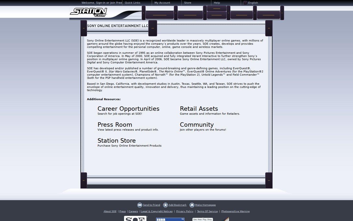 Sony Online Entertainment website screenshot: SOE / Station — About