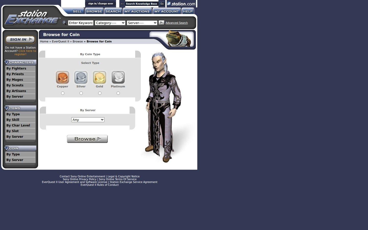 Sony Online Entertainment website screenshot: Station Exchange — Browse Coin
