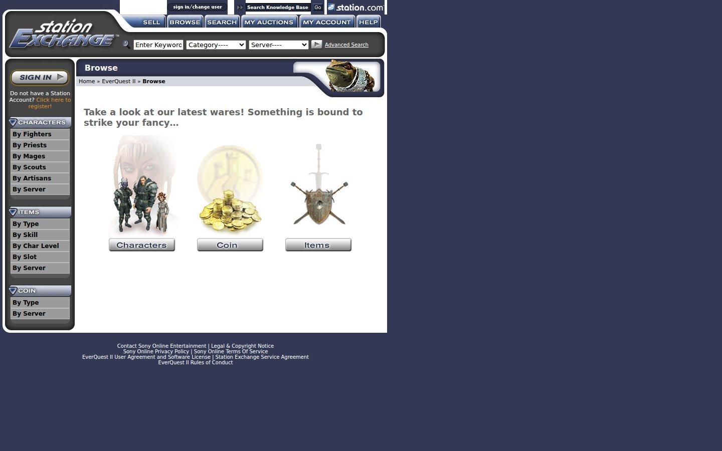 Sony Online Entertainment website screenshot: Station Exchange — Browse