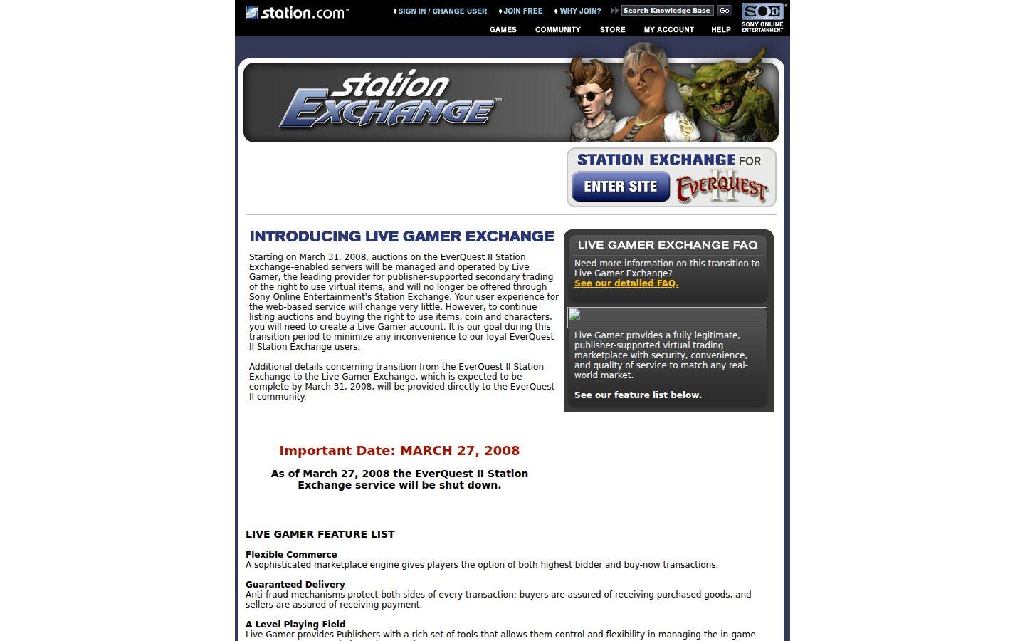 Sony Online Entertainment website screenshot: Station Exchange — Live Gamer Transition