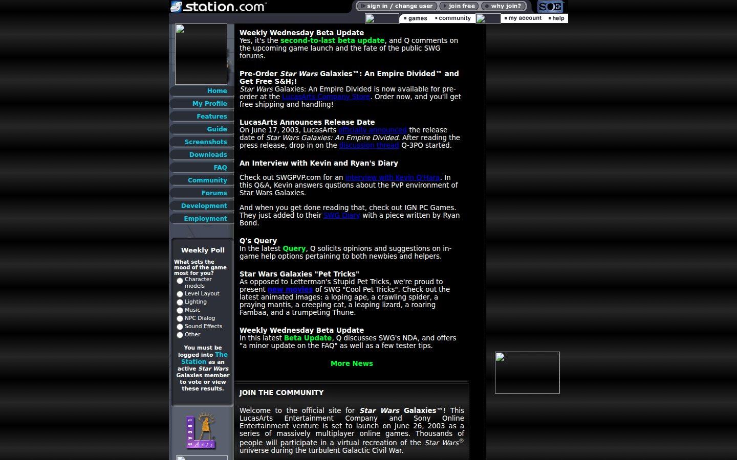 Sony Online Entertainment website screenshot: Star Wars Galaxies — Home