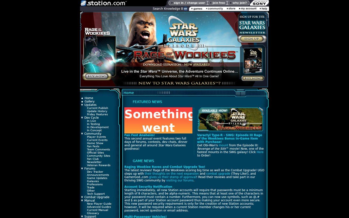 Sony Online Entertainment website screenshot: Star Wars Galaxies — Home