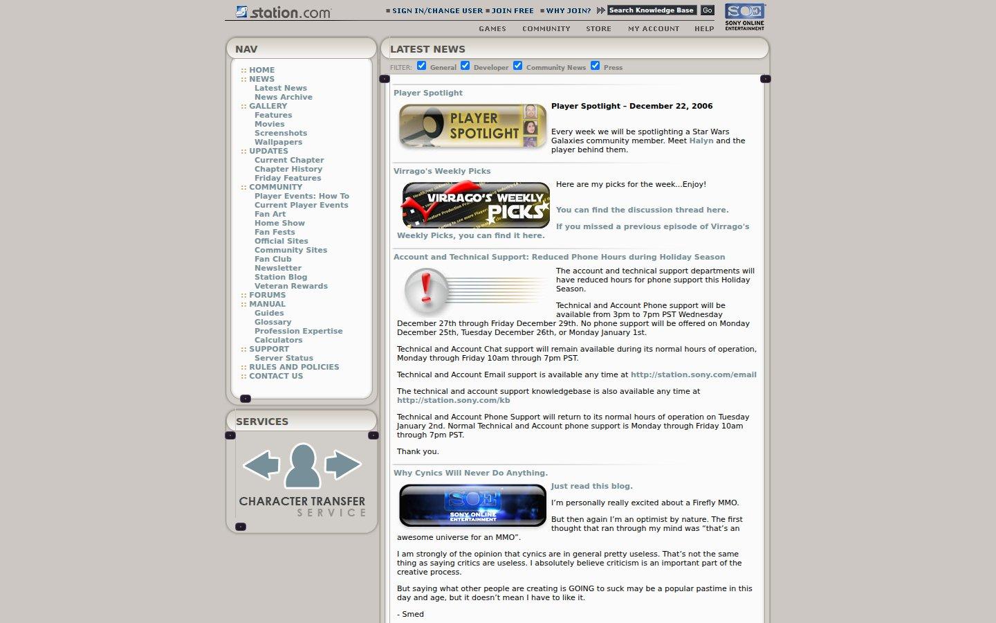 Sony Online Entertainment website screenshot: Star Wars Galaxies — Players