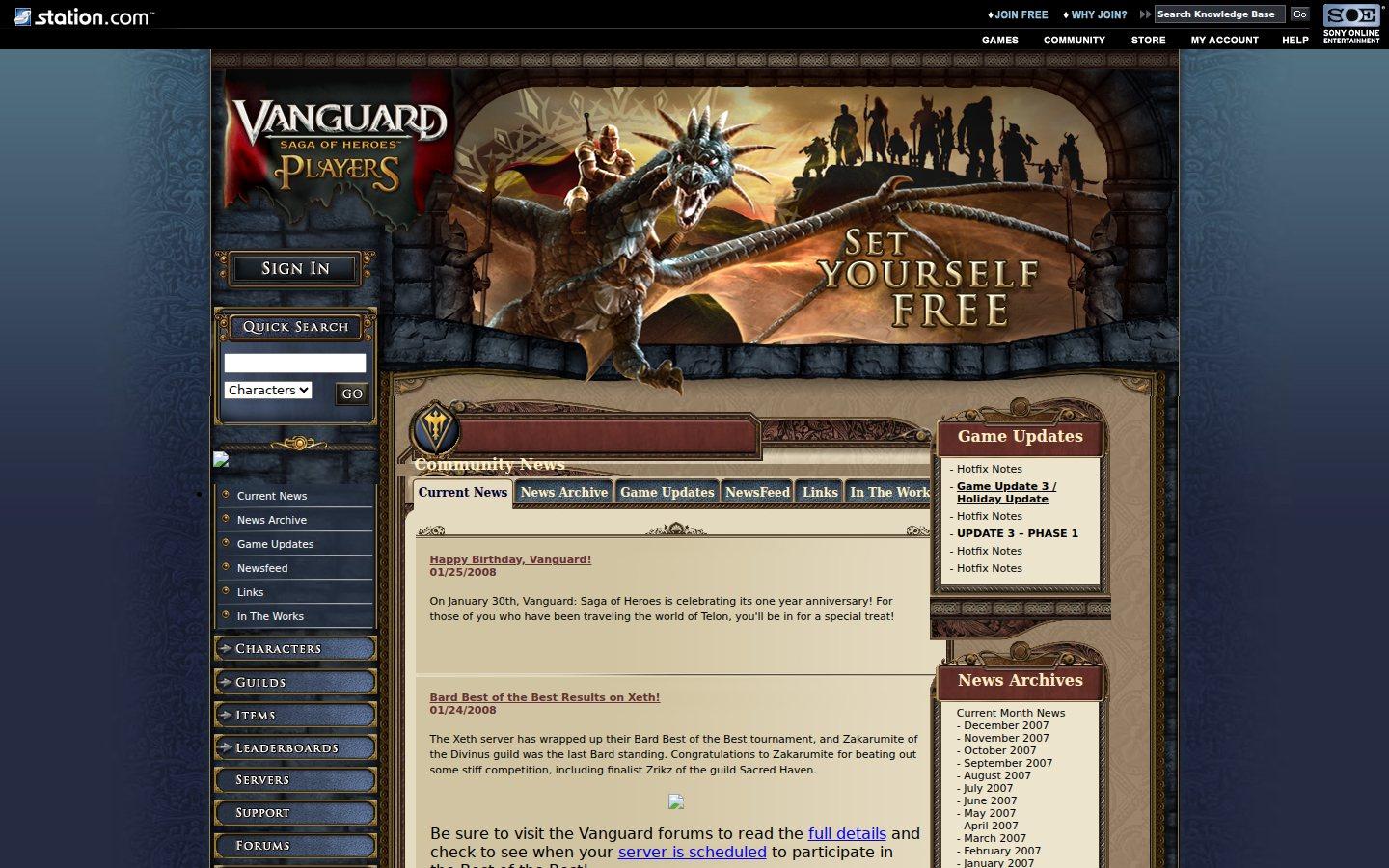 Sony Online Entertainment website screenshot: Vanguard Players — Community